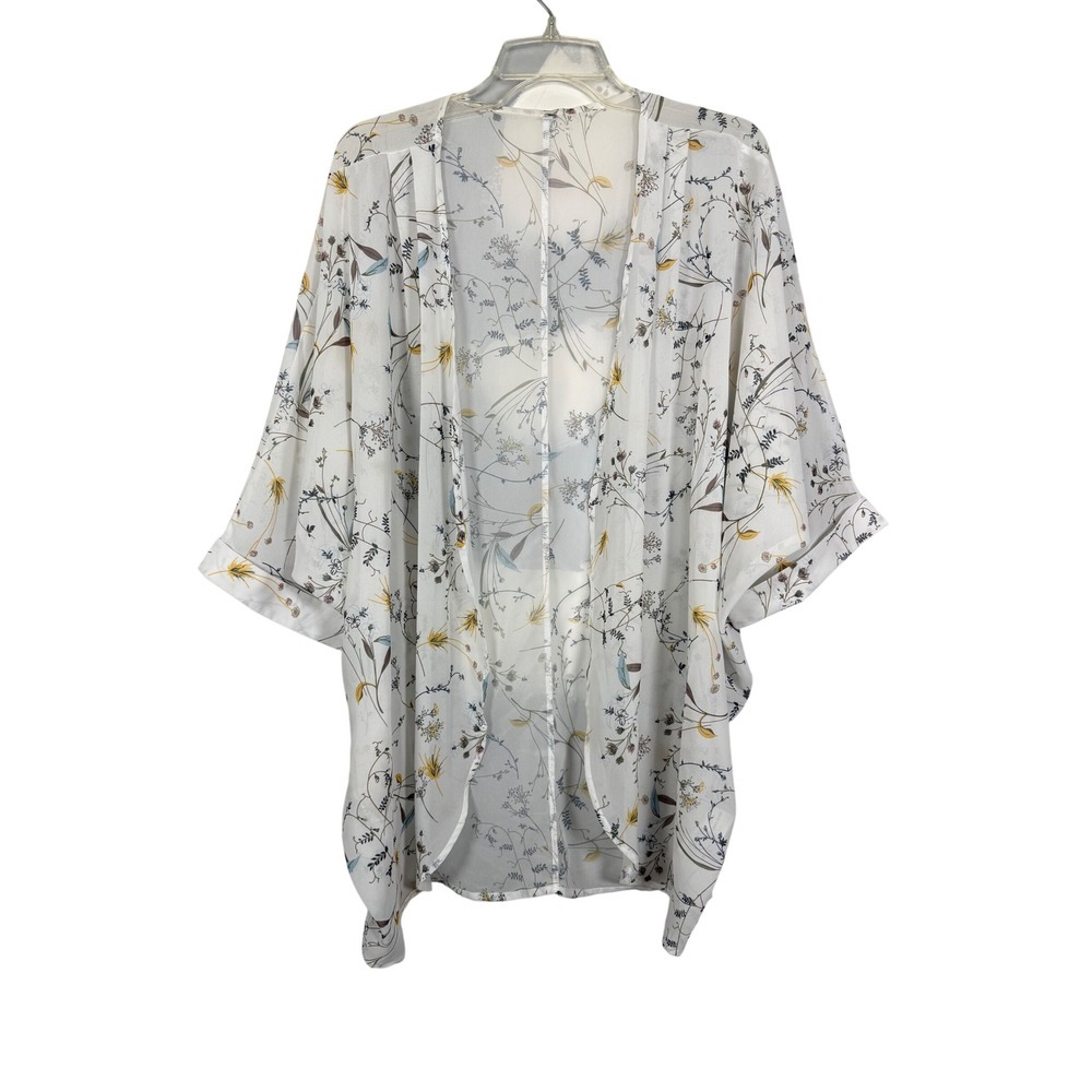 Kimono Cardigan, Sheer Lightweight White Floral Open Front Cardigan, Size Large